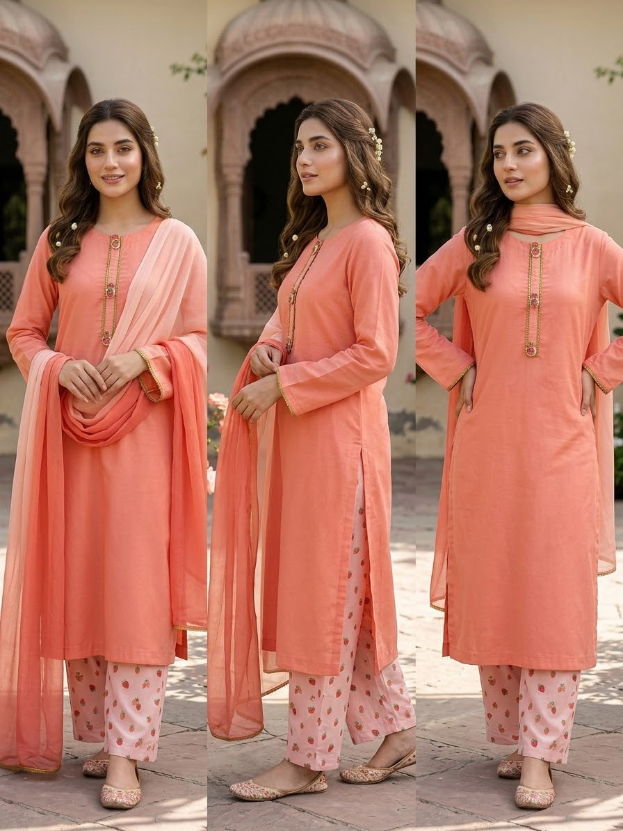 Peach Orange 3-Piece Lawn Suit | Elegant Printed Pakistani Outfit