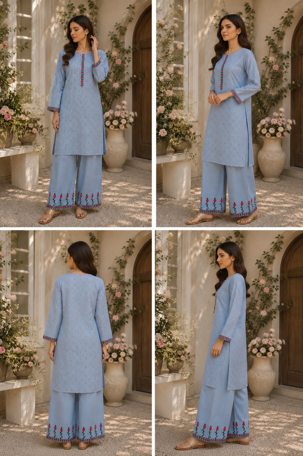Sky Blue Floral Embroidered 2-Piece Suit | Ready to Wear
