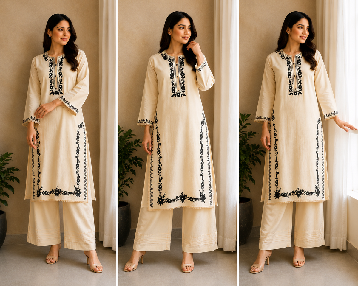 Cream Embroidered 2-Piece