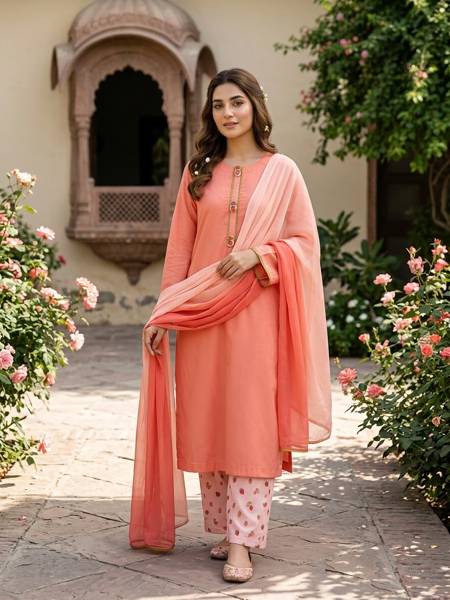 Peach Orange 3-Piece Lawn Suit | Elegant Printed Pakistani Outfit