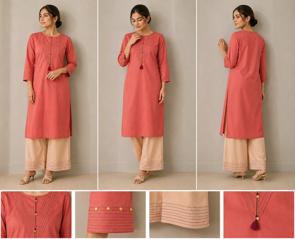 Coral Short Shirt with Farshi Shalwar – 2 Piece Ready-to-Wear Suit