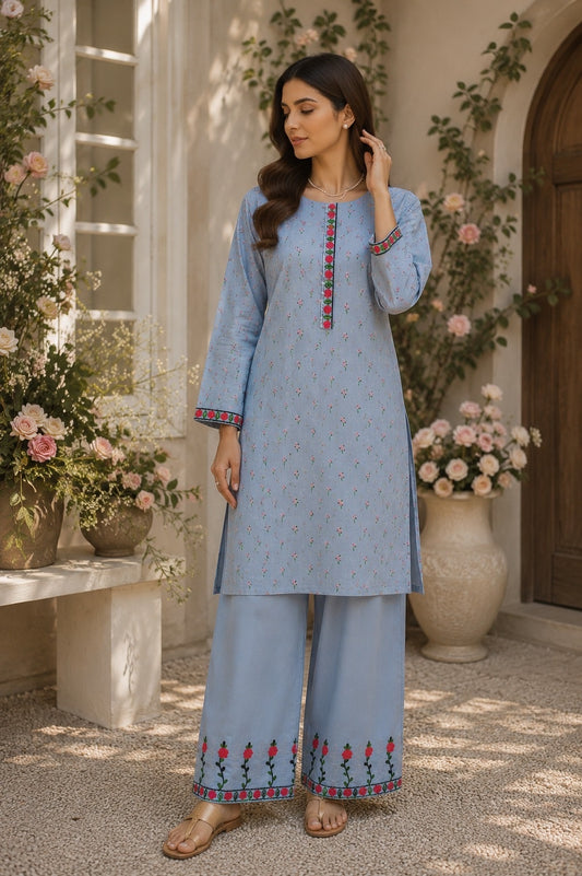 Sky Blue Floral Embroidered 2-Piece Suit | Ready to Wear