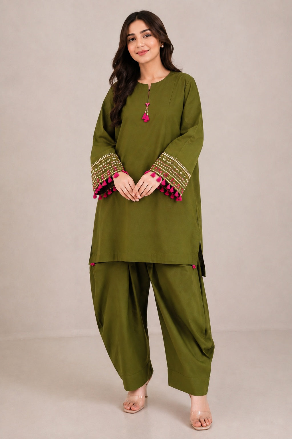 Olive Green Embroidered 2-Piece Ready-to-Wear