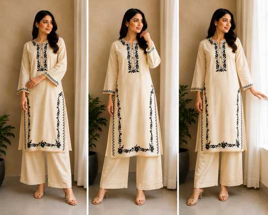 Cream Embroidered 2-Piece