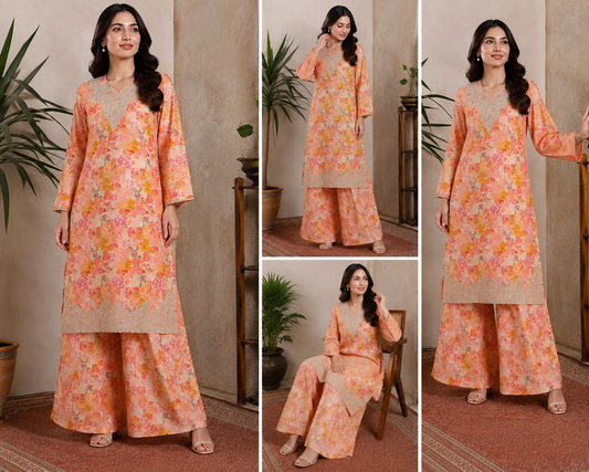 peach floral printed embroidered 2 piece suit