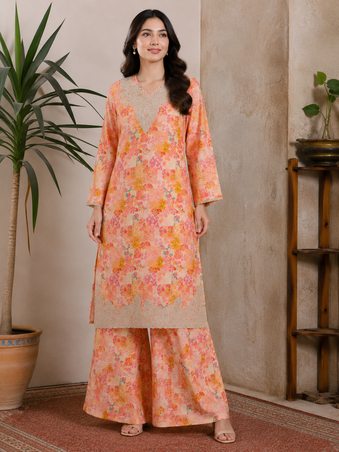 peach floral printed embroidered 2 piece suit