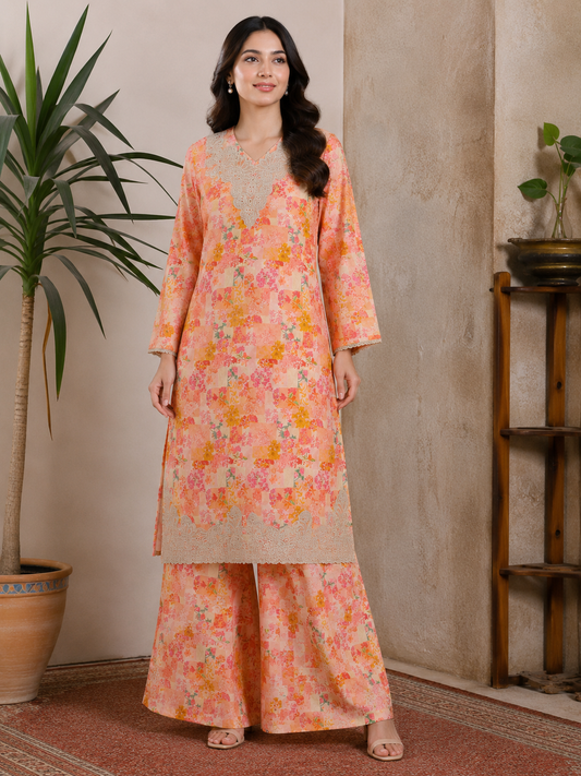 peach floral printed embroidered 2 piece suit