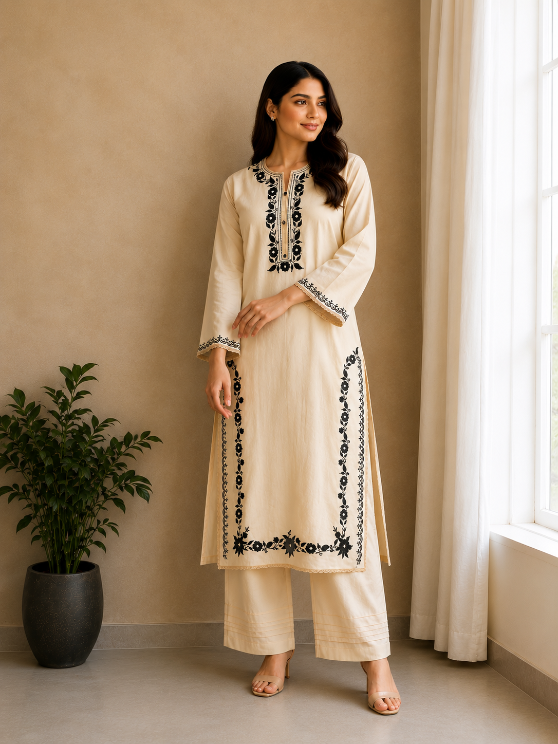 Cream Embroidered 2-Piece