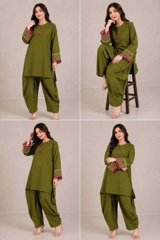 Olive Green Embroidered 2-Piece Ready-to-Wear